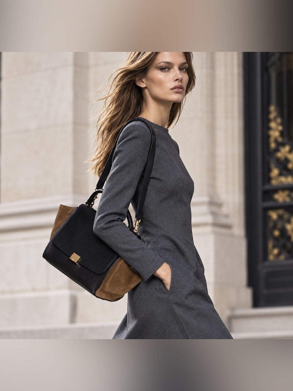 Celine Black/Khaki Leather and Suede Medium Trapeze Bag